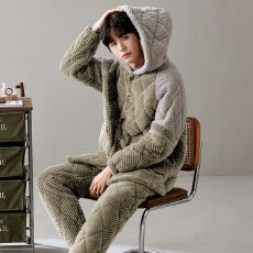 舒雅冬季提花蛋糕绒三层夹棉睡衣男加绒加厚保暖家居服套装