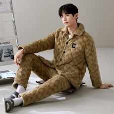 舒雅冬季提花蛋糕绒三层夹棉睡衣男士加绒加厚保暖家居服套装