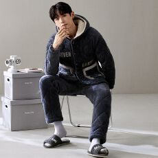 舒雅冬季提花蛋糕绒三层夹棉睡衣男士加绒加厚保暖家居服套装