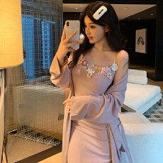 批发【舒雅】高奢羊绒睡衣女秋冬新款长袖两件套睡裙立体花卉绒家居服