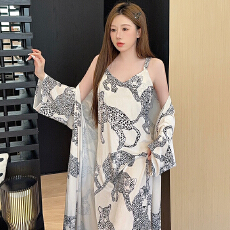 批发【舒雅】秋冬金丝绒<b class='q'>吊带</b>长袖两件套性感<b class='q'>睡裙</b>气质印花长裙睡衣女