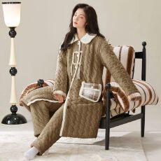 批发【舒雅】冬季貂毛花绒三层夹棉加厚保暖长袍夹棉袍套睡衣可外穿