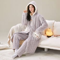 批发【舒雅】冬季貂毛花绒三层夹棉加厚保暖长袍夹棉袍套睡衣可外穿