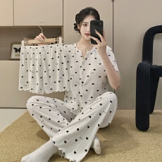 批发【舒雅】6535棉（固定胸垫）三件套<b class='q'>睡衣</b>女春秋长袖开衫家居服套装