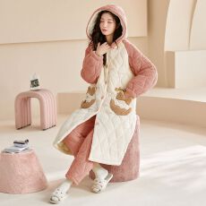 批发【舒雅】冬季蛋糕绒提花三层夹<b class='q'>棉</b>加厚保暖长袍连帽夹<b class='q'>棉</b>袍套<b class='q'>睡衣</b>
