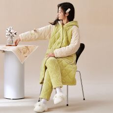 批发【舒雅】冬季蛋糕绒提花三层夹<b class='q'>棉</b>加厚保暖长袍连帽夹<b class='q'>棉</b>袍套<b class='q'>睡衣</b>