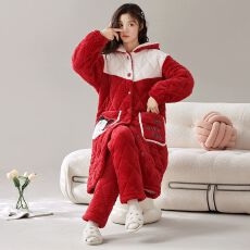 批发【舒雅】冬季蛋糕绒提花三层夹<b class='q'>棉</b>加厚保暖长袍连帽夹<b class='q'>棉</b>袍套<b class='q'>睡衣</b>