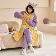 批发【舒雅】冬季<b class='q'>睡衣</b>女提花蛋糕绒三层夹<b class='q'>棉</b>宽松连帽长袍家居服套装