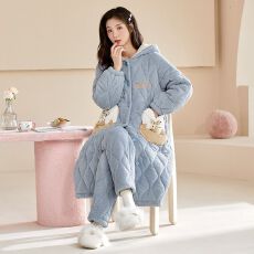 批发【舒雅】冬季<b class='q'>睡衣</b>女提花蛋糕绒三层夹<b class='q'>棉</b>宽松连帽长袍家居服套装