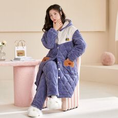 批发【舒雅】冬季<b class='q'>睡衣</b>女提花蛋糕绒三层夹<b class='q'>棉</b>宽松连帽长袍家居服套装
