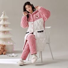 批发【舒雅】冬季<b class='q'>睡衣</b>女提花蛋糕绒三层夹<b class='q'>棉</b>宽松连帽长袍家居服套装