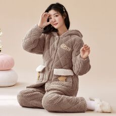 批发【舒雅】冬季<b class='q'>睡衣</b>女提花蛋糕绒三层夹<b class='q'>棉</b>加绒加厚保暖家居服套装