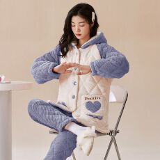 批发【舒雅】冬季<b class='q'>睡衣</b>女提花蛋糕绒三层夹棉加绒加厚保暖家居服<b class='q'>套装</b>