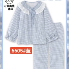 批发【舒雅】 秋季云朵棉固定胸垫 圆领纯色花边甜美女款<b class='q'>家居服</b>套装