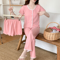 批发【舒雅】6536棉夏秋季<b class='q'>三件套</b>甜美休闲荷花边简约套装家居服可外穿