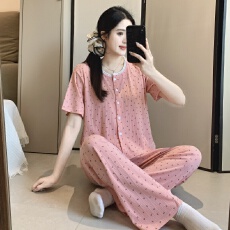 批发【舒雅】6535棉春季短袖长<b class='q'>裤</b>开衫花边睡衣女甜美简约家居服套装