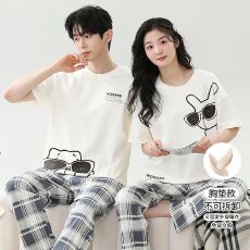 批发【舒雅】情侣睡衣<b class='q'>女</b>带胸垫拉架仿棉 夏季短袖长裤卡通家居服<b class='q'>套装</b>