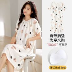 批发【舒雅】夏季带胸垫云朵棉 短袖<b class='q'>睡裙</b>女士甜美<b class='q'>公主</b>风家居服可外穿