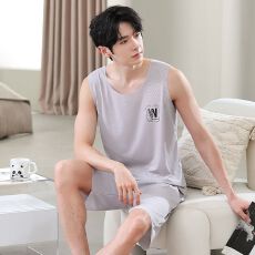 批发【舒雅】夏季冰丝罗纹无痕莫代尔<b class='q'>男士</b>睡衣<b class='q'>背心</b>短裤加大码简约套装
