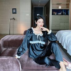 批发【舒雅】春秋冰丝长袖睡衣女韩版蕾丝花边少女可爱家居服套装