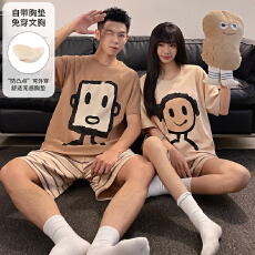 批发舒雅夏季拉架仿棉女带胸垫睡衣<b class='q'>情侣</b><b class='q'>圆领</b><b class='q'>短袖</b>短裤女家居服套装