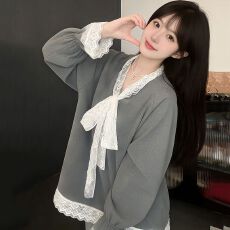 批发【舒雅】春秋仿棉长袖酷丝棉睡衣女ins可爱少女蕾丝领带V领<b class='q'>套装</b>