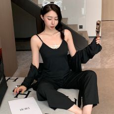 批发【舒雅】春秋冰丝螺纹（带胸垫）三件套吊带长袖睡衣女甜美睡衣女