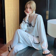 批发【舒雅】春秋冰雪丝小香风高级感长袖睡衣女蕾丝花边家居服<b class='q'>套装</b>