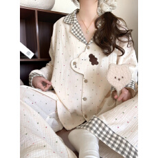 批发【舒雅】春秋树皮皱新款睡衣女 甜美彩色波点小狗长袖家居服套装