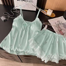 批发【舒雅】夏季冰丝（带胸垫可拆）睡衣女款吊带纯欲风仿真丝套装