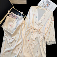 批发【舒雅】春夏冰雪丝固定胸垫星星睡衣女薄款性感睡袍<b class='q'>吊带</b>两件套