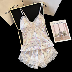 舒雅夏季冰丝带胸垫睡衣女甜美纯欲性感吊带短裤两件套家居服