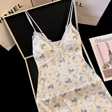 舒雅冰丝罗纹带胸垫夏季甜美性感吊带中长宽松睡裙气质家居服