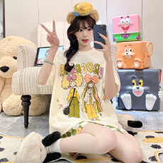 舒雅夏季新款睡衣女拉架仿棉圆领套头短袖短裤可爱家居服套装