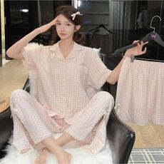 批发【舒雅】夏季（云朵棉）蕾丝花边<b class='q'>三件套</b><b class='q'>睡衣</b>女夏短袖短裤长裤套装