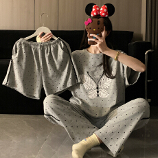 批发【舒雅】夏季6535棉<b class='q'>睡衣</b>女圆领开衫短袖短裤长裤<b class='q'>三件套</b>休闲家居服