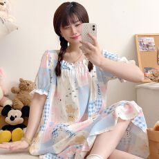 批发舒雅<b class='q'>夏</b>季云朵棉带胸垫睡裙女公主款甜美可爱学生中长款睡衣女