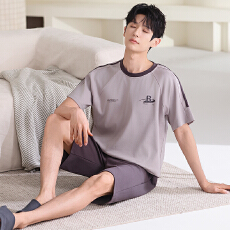 批发【舒雅】夏季6040新款男士<b class='q'>睡衣</b>套头圆领中青年<b class='q'>大码</b>短袖短裤套装