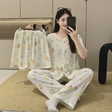 舒雅夏季天丝棉三件套带胸垫睡衣女甜美可外穿短裤家居服套装