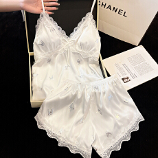 批发【舒雅】带胸垫冰丝 夏季吊带短裤套装性感家居服少女卡通可外穿