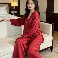 舒雅冰雪丝春秋中式复古睡衣女国风印花开衫家居服轻奢套装