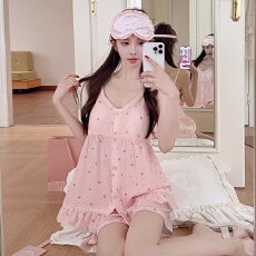 批发【舒雅】莱赛尔固定胸垫夏季纯欲吊带短裤睡衣女甜美波点家居套装