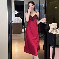 批发【舒雅】冰雪丝可拆胸垫春夏性感蕾丝纯欲高级吊带长裙气质睡衣女
