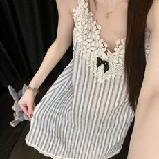 批发【舒雅】带胸垫棉纱夏季新款纯欲风<b class='q'>睡裙</b>女蕾丝边蓝白条纹家居服