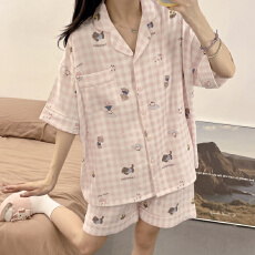 舒雅云朵棉夏季新款睡衣女短袖短裤短袖翻领卡通休闲家居服
