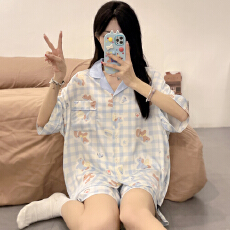 批发【舒雅】冰丝夏季新款<b class='q'>睡衣</b>女短裤短袖卡通格子印花翻领<b class='q'>家居服</b>套装