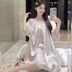 批发【舒雅】冰雪丝夏季新款短袖睡裙女宽松圆领甜美睡衣休闲家居服