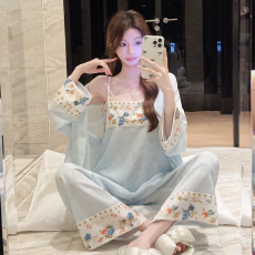 批发舒雅冰雪丝提花固定胸垫 吊带睡衣女外袍三件套复古国风休闲套装