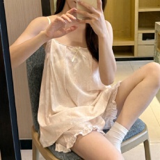 批发【舒雅】凉感莱赛尔带胸垫 吊带<b class='q'>短裤</b>睡衣女休闲宽松家居服可外穿