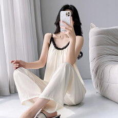 批发【舒雅】冰雪丝不可拆胸垫 <b class='q'>夏季</b>吊带长裤<b class='q'>睡衣</b>女<b class='q'>性感</b>蕾丝家居套装